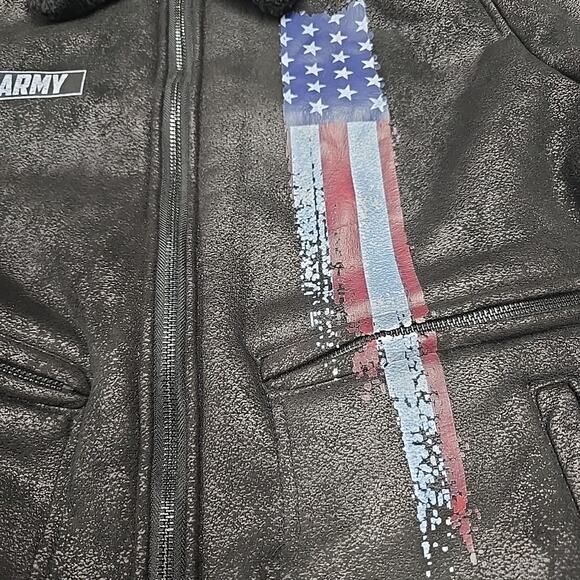 Shein Mens US Army Veteran Faux Fur Lapel Flight Jacket Sz L Black Military - Picture 10 of 11